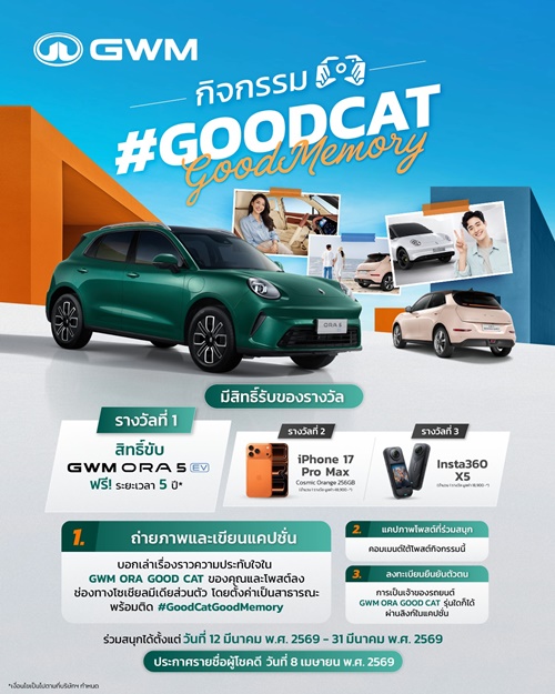 GWM ชวนเจ้าของ ORA Good Cat ร่วมแชร์เรื่องราวประทับใจผ่านแคมเปญ “Good Cat Good Memory” ลุ้นรับสิทธิ์ขับ ORA 5 EV ฟรี 5 ปีเต็ม!