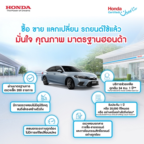 มั่นใจกับมาตรฐาน “Honda Certified Used Car” รถยนต์ฮอนด้าใช้แล้ว คุณภาพดี ราคาโดน พร้อมบริการขาย-แลกเปลี่ยน ครบวงจร 