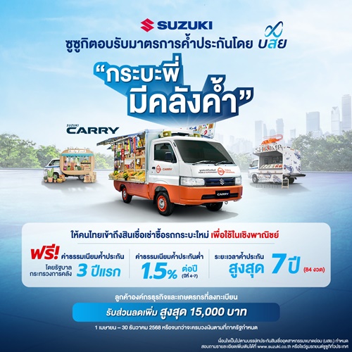 SUZUKI CARRY ตอบรับมาตรการรัฐ “กระบะพี่ มีคลังค้ำ” ตอกย้ำภาพลักษณ์ผู้นำตลาดรถกระบะเพื่อ SMEs  พร้อมอัดแคมเปญพิเศษส่วนลดสูงสุด 20,000 บาท  ดอกเบี้ย 1.99% ผ่อนเริ่มต้นวันละ 222 บาท มั่นใจดันยอดขายรวม 8,000 คันปีนี้